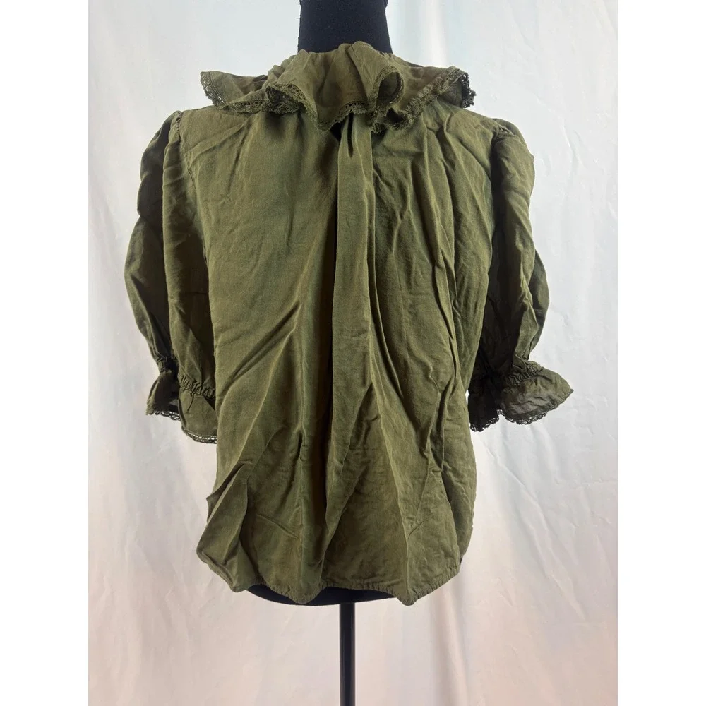 Olive Green Victorian Ruffle Lace Trim Puff Sleeve Pintuck Blouse Top Size XL - Picture 4 of 8